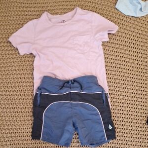 Light Pink Pocket Tee with Blue Board Shorts